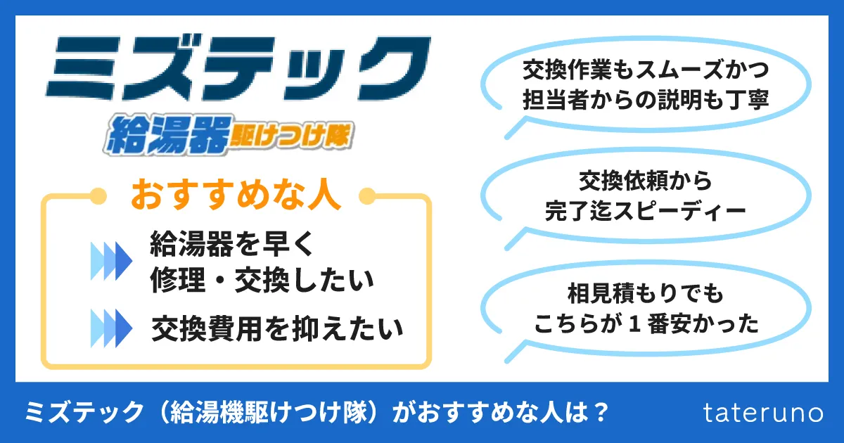 ミズテック(給湯器駆けつけ隊)の評判からサービスがおすすめな人は?
