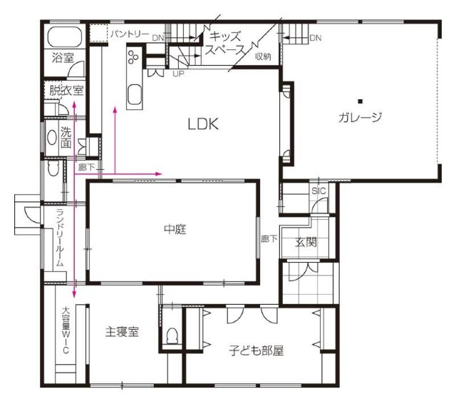 ガレージ 中庭 スキップフロア 外は閉じて内に開く 平屋の家 Thinks 翼創建 Iecocoro